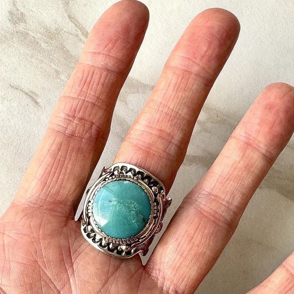 BIG Navajo Mens Turquoise Ring Sz 11 Wide Band Signed Lee Sterling Native Amer